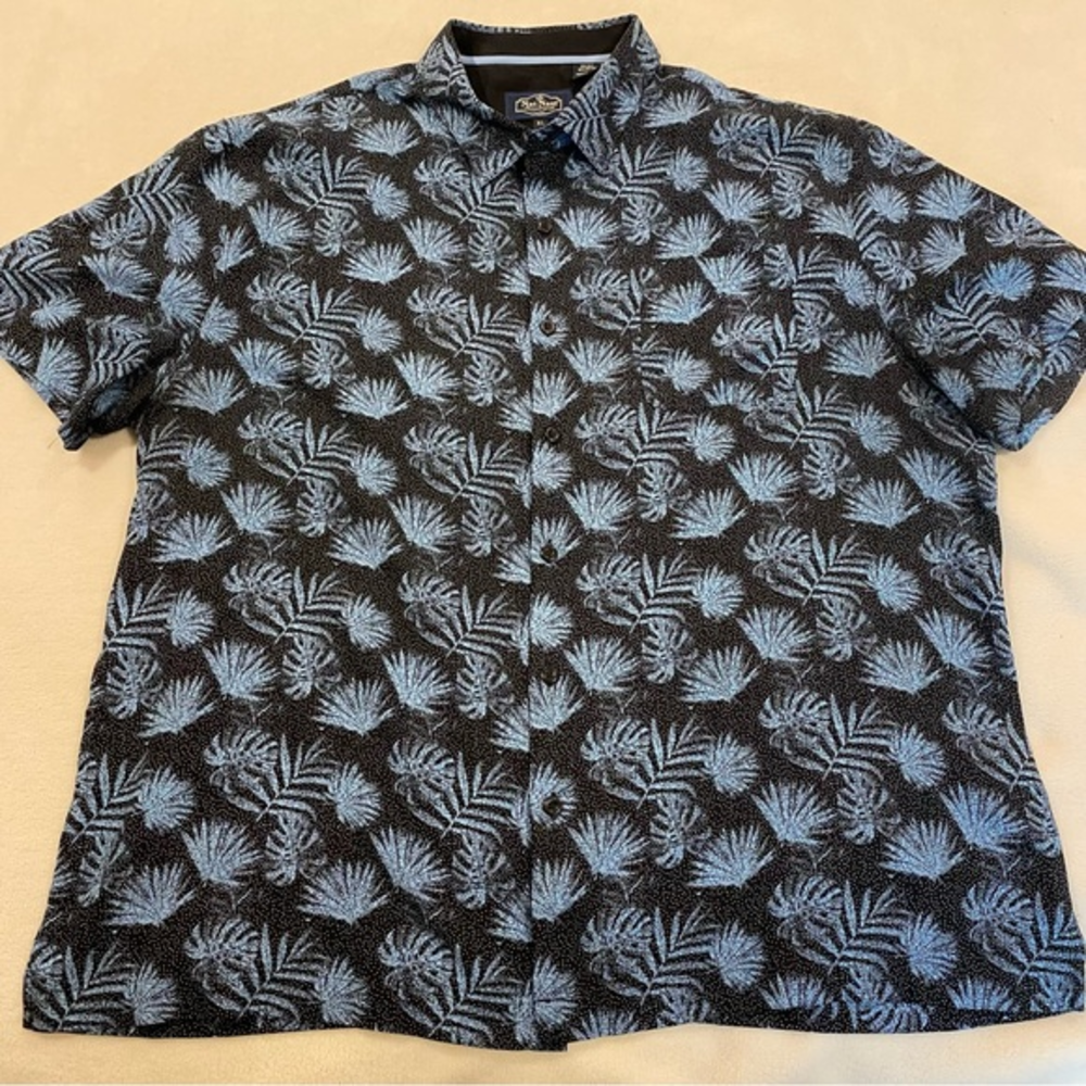 Nat Nast Black Short Sleeve Shirt Men’s XXL Blue Palm‎ Trees Silk Blend